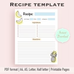 Recipe Template, Recipe Template Printable, Printable Recipe, Recipe Page, Cookbook Template, Recipe Card Template, Reci