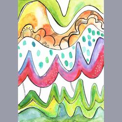 Watercolor abstract painting sketch art print. Colorful watercolor and pen abstract waves sketching
