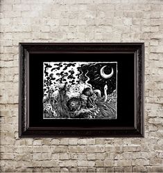 Magic Night. Occult artwork illustration. Dark picture with skull. Primitive style painting. 861.