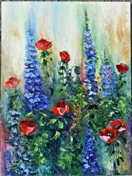 Field herbs, oil painting bright flowers, sunny landscape. original painting
