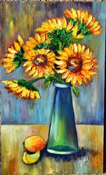 Sunflowers in a Vase, Floral Painting Original Art Impasto Oil Painting