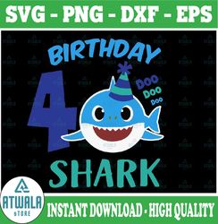 Shark 4th Birthday Svg, Boy Birthday Shark Svg Dxf Eps, Boy fourth Birthday Clipart, Four Year Old, Baby, Shark,4th Birt