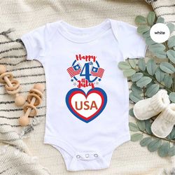 Fourth Of July Onesie, Cute Heart Graphic Tees, American Flag Youth Shirt, Patriotic Baby Bodysuit, Happy 4th of July Gi