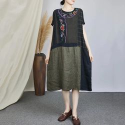 New retro linen stitching mid-length dress embroidered flower robe for women
