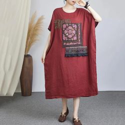 Summer Linen Embroidery Retro Personality Patch Loose Large Size Long Dress Women's Robe