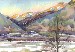 ORIGINAL WATERCOLOR PAINTING Mountain landscape Artwork 6x8 hand painting