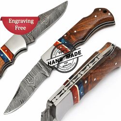 personalized pocket knife handmade damascus steel rose wood handle, groomsmen gift, gift for men, damascus folding knife