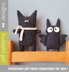 Halloween dolls sewing patterns PDF, Bat and Black cat, digital tutorial in English, rag doll sewing diy