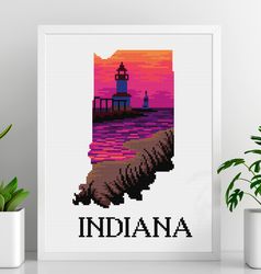 Silhouette Indiana cross stitch, Sunset cross stitch, lighthouse cross stitch, Lake cross stitch, US states, Digital PDF