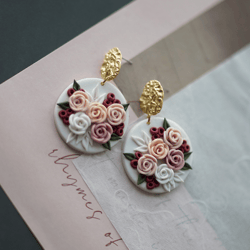 Handmade unique lightweight mini rose flower pattern polymer clay earrings gift for her
