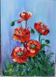 Poppies flowers, oil painting, author's painting. Original painting in large strokes with a palette knife.