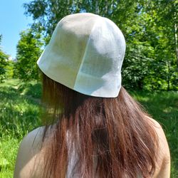 Lightweight and breathable linen bell hat. White and beige bucket hat from the sun. Summer panama tulip for hot weather.
