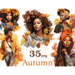 Watercolor Autumn Black Girl Clipart | Fall Graphic Images