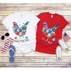 4th of July Chicken Shirt, Fourth of July T Shirt, Floral Chicken Graphic Tees, America Vneck Tshirts, Patriotic Mom Shi