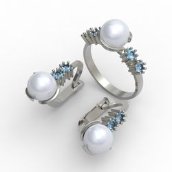 3D model of a ring and earrings with pearls. 3D printing