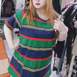 Plus Size Fashion Loose Striped Short Sleeve T-Shirt For Women