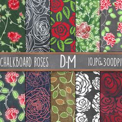 Chalkboard flowers seamless patterns, 10 Roses Digital Paper set for scrapbooking and crafting, Floral Background