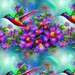 Hummingbird and Violets Seamless Tileable Repeating Pattern