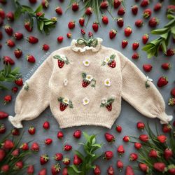 strawberries pullover, pullover, knitting, hand knit, kids clothes, knitwear, embroidery, baby clothes, olivimilly