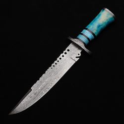 TACTICAL HUNTER CUSTOM HANDMADE DAMASCUS STEEL BOWIE HUNTING KNIFE WITH LEATHER SHEATH HAND FORGED KNIFE GIFT MK5295M