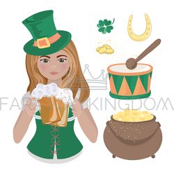 PATRICK GIRL Saint Irish Beer Holiday Vector Illustration Set