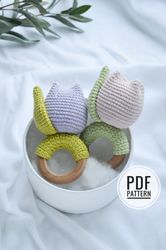 Tulip baby rattle crochet pattern or easy instruction pdf, cute spring crochet flower toy