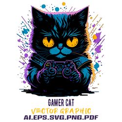 Gamer cat with Neon Colors on Background AI.SVG.EPS.PDF.PNG DOWNLOAD DIGITAL SUBLIMATION FILES