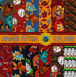 Japanese seamless pattern, oriental tattoo pattern set for scrapbooking, fabric and crafting, hannya mask, foodog, koi