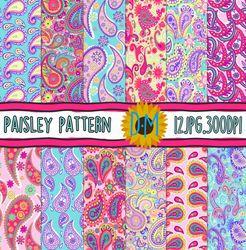 Bright Paisley seamless patterns, Hand Drawn Paisley Digital Paper set for scrapbooking and crafting, Floral Background