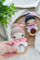 Ballerina doll baby rattle, ballet dancer crochet first toy for baby girl