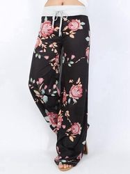 Women's Clothing,Boho Floral Print Drawstring Pants, High Waist Wide Leg Pants