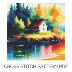 Painting Lakeside House Cross Stitch Pattern | DMC Floss | Punto De Cruz | Point De Croix | Wall Decor | Cushion Design