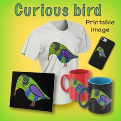 curious bird printable image,bright green bird image for print,ukrainian naive painting,ukrainian naive art,fantastic
