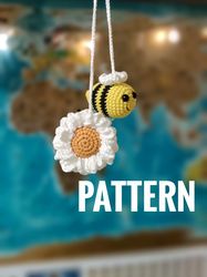 Easy crochet PATTERN BEE and Daisy for car accessories, PDF beginner crochet top amigurumi tutorial, Leather pattern