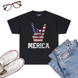 Merica Rock Sign 4th Of July Vintage American Flag Retro USA T-Shirt