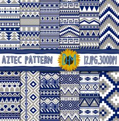 Grey Navy Blue Aztec Digital Paper set, 12 Aztec seamless patterns for scrapbooking and crafting, tribal, geometric