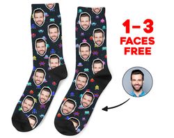 custom face socks, retro game face photo socks, personalized gaming socks, picture socks, funny gift for her, him or bes