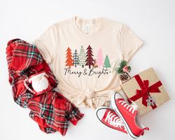 Ladies Merry Bright Christmas Shirt, Women Christmas Tree Shirt, Cute Christmas Shirt, Women Holiday Shirt, Graphic Tee