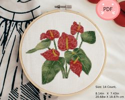 Cross Stitch Pattern,Red Laceleaf,Pdf , Instant Download , Floral X Stitch Chart,Torpical Flower And Leaves,Watercolor
