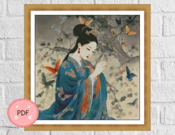Cross Stitch Pattern,Japanese Girl With Butterflies,Asian Design,Japanese Art,Instant Download,Geisha,Printable