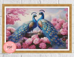 Cross Stitch Pattern,Peacocks With Pink Flowers Pdf,Instant Download,Serene Ambiance,Peacock Paradise,Full Coverage