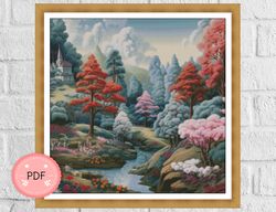 Cross Stitch Pattern, Mysterious Forest,Instant Download,Pink Trees,Castle,River,Nature Landscape,Full Coverage