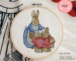 Cross Stitch Pattern,Rabbit Mom With Bunnies, Pdf , Instant Download , Animal X Stitch Chart,Watercolor,Retro Design