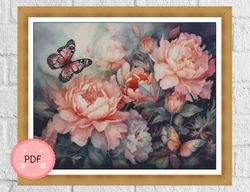 Cross Stitch Pattern,Watercolor,Flowers With A Butterfly On it,Pdf,Instant Download,Floral X Stitch Chart,Full Coverage
