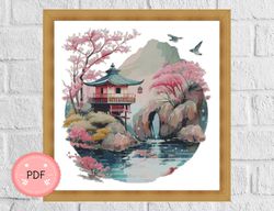 Cross Stitch Pattern,Japanese Traditional House By River,Japanese Garden,Asian Landscape,Asian Style,Cherry Blossom