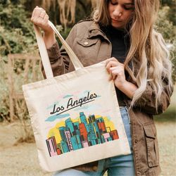 Retro Los Angeles Skyline Tote Bag,The Golden State Tote Bag,Bolsa De Tela,Cute Canvas Tote Bag,City Tote Bag,
