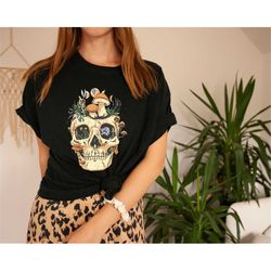 Skull Mushrooms Flowers Shirt Skull Flowers, Gothic Shirt Tribal Shirt Boho Gift Ethnic Tee Rustic Hippie Halloween Gift