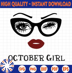 October Girl SVG, Woman With Glasses Svg Printable, Girl With Bandana Design, Blink Eyes , October Svg,  Sublimation