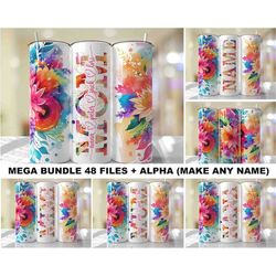 48 Wraps Mother's Day Tumbler Wrap BUNDLE PNG Add Kids Names Bright Floral Seamless Sublimation Design Download Skinny 2