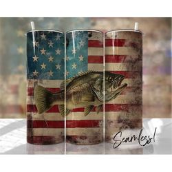 Bass Fish USA Flag Tumbler Wrap Seamless Fishing Tumbler Template for Men Sublimation Designs Downloads - Skinny 20oz De